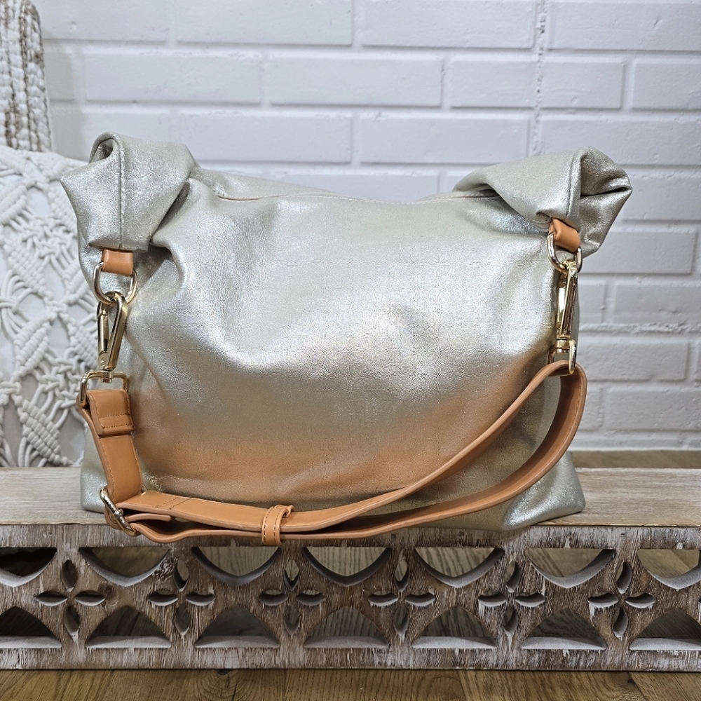 Milagros Silver Shimmer and Tan Large Hobo Bag Softshell